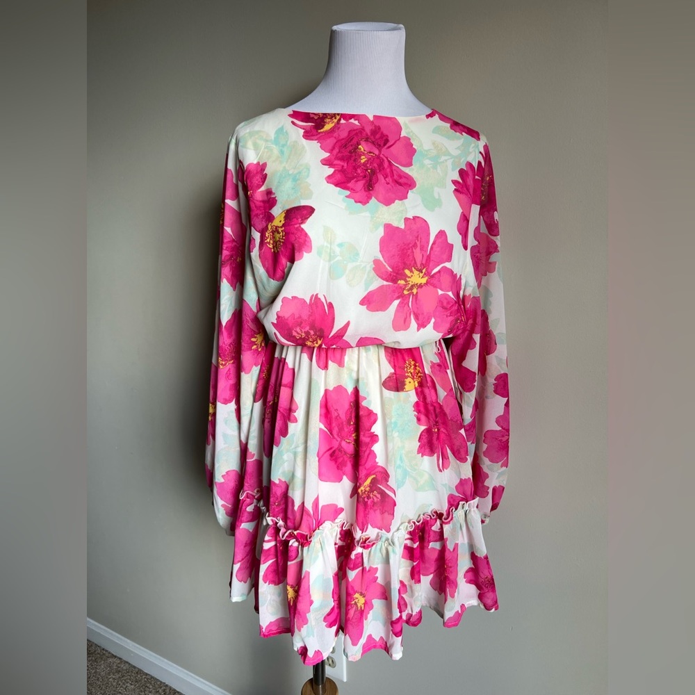 Floral Pink & White Belted Mini Dress